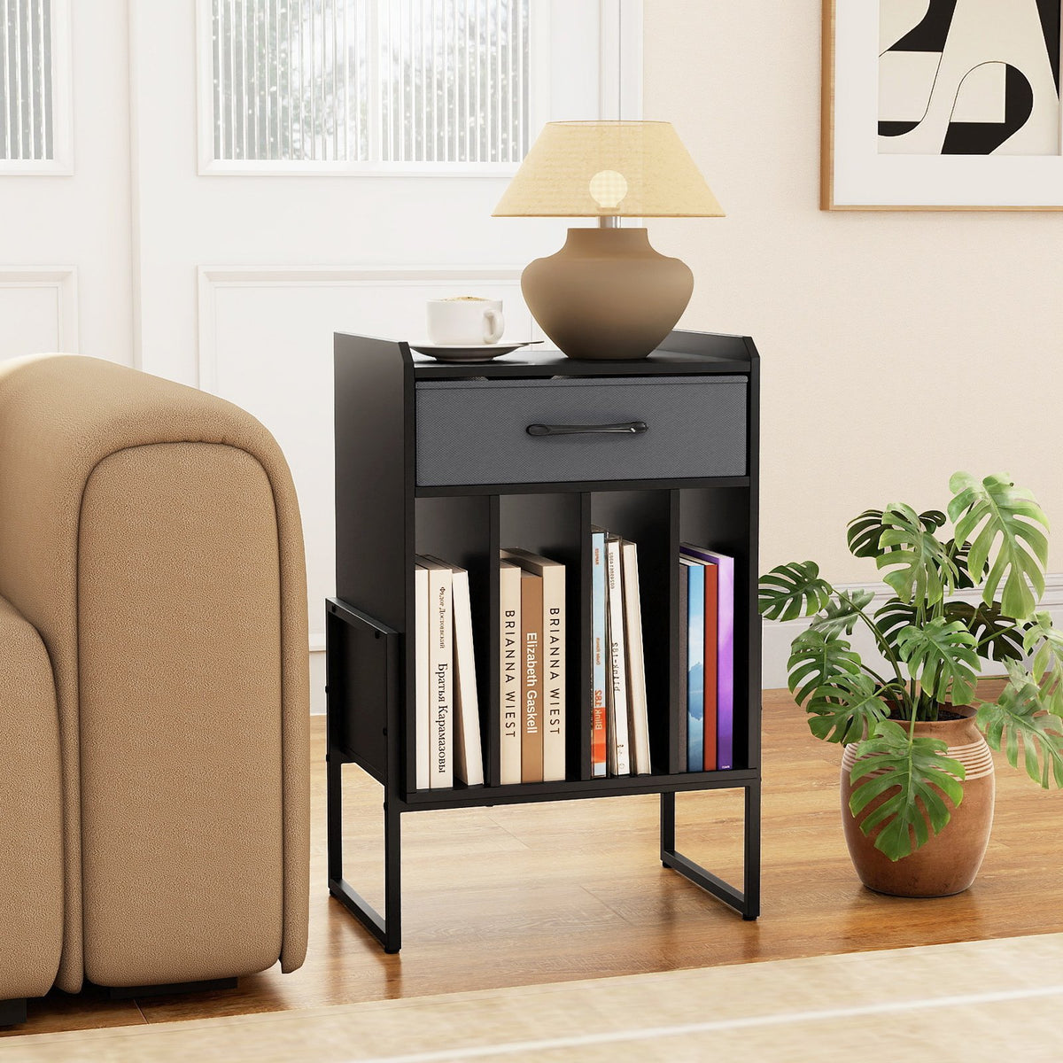Record Player Stand with Drawer and Record Holder-Black view 2