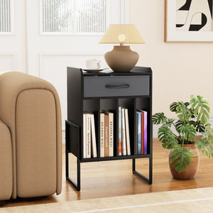 Record Player Stand with Drawer and Record Holder-Black view 2