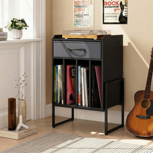 Record Player Stand with Drawer and Record Holder-Black view 3