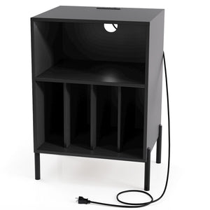 Record Player Stand with Record Storage Shelf and Charging Station-Black