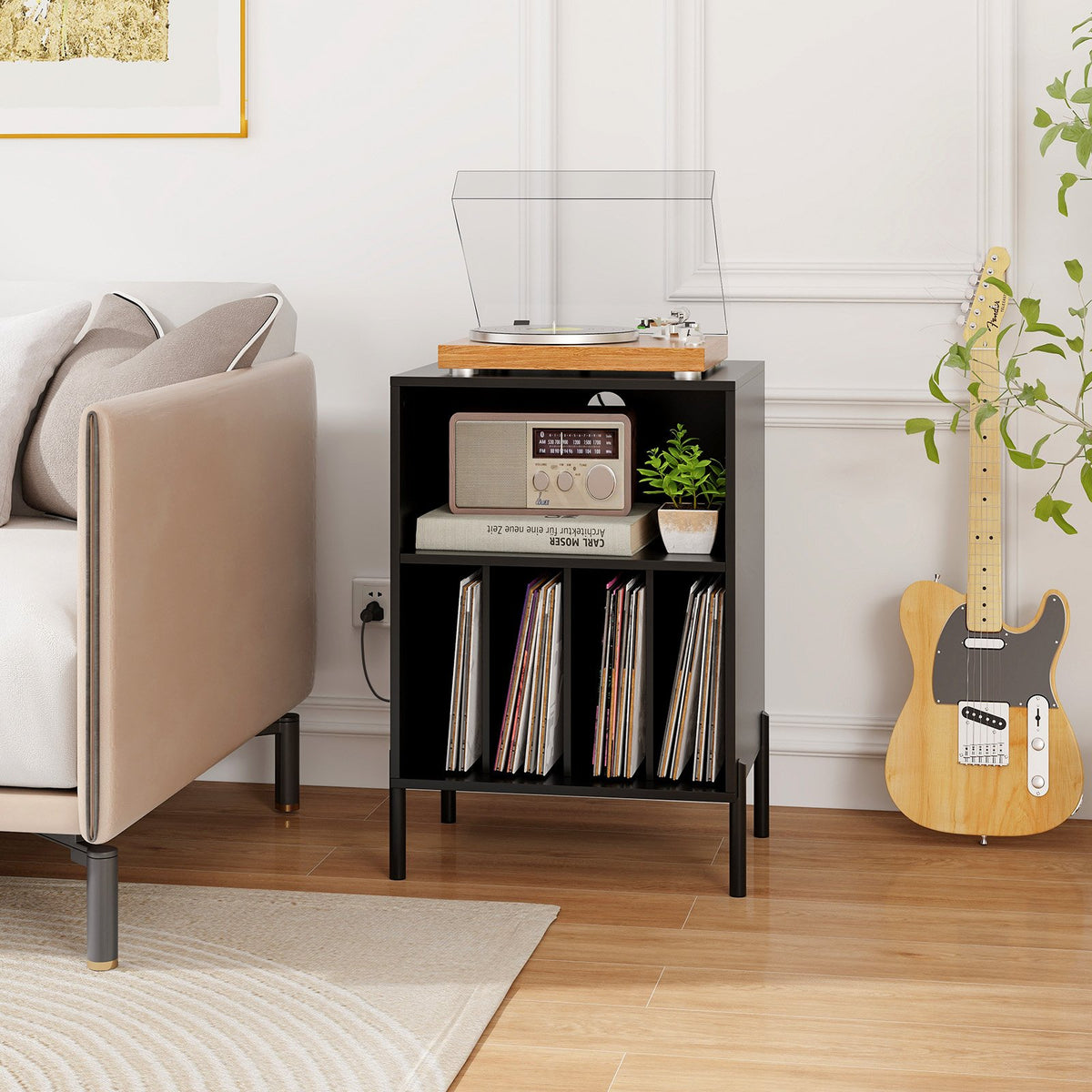 Record Player Stand with Record Storage Shelf and Charging Station-Black view 2