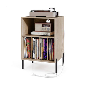 Record Player Stand with Record Storage Shelf and Charging Station-Natural