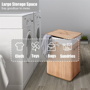 Rectangle Bamboo Hamper Laundry Basket Washing Cloth Bin Storage Bag Lid 3 color-Natural view 5