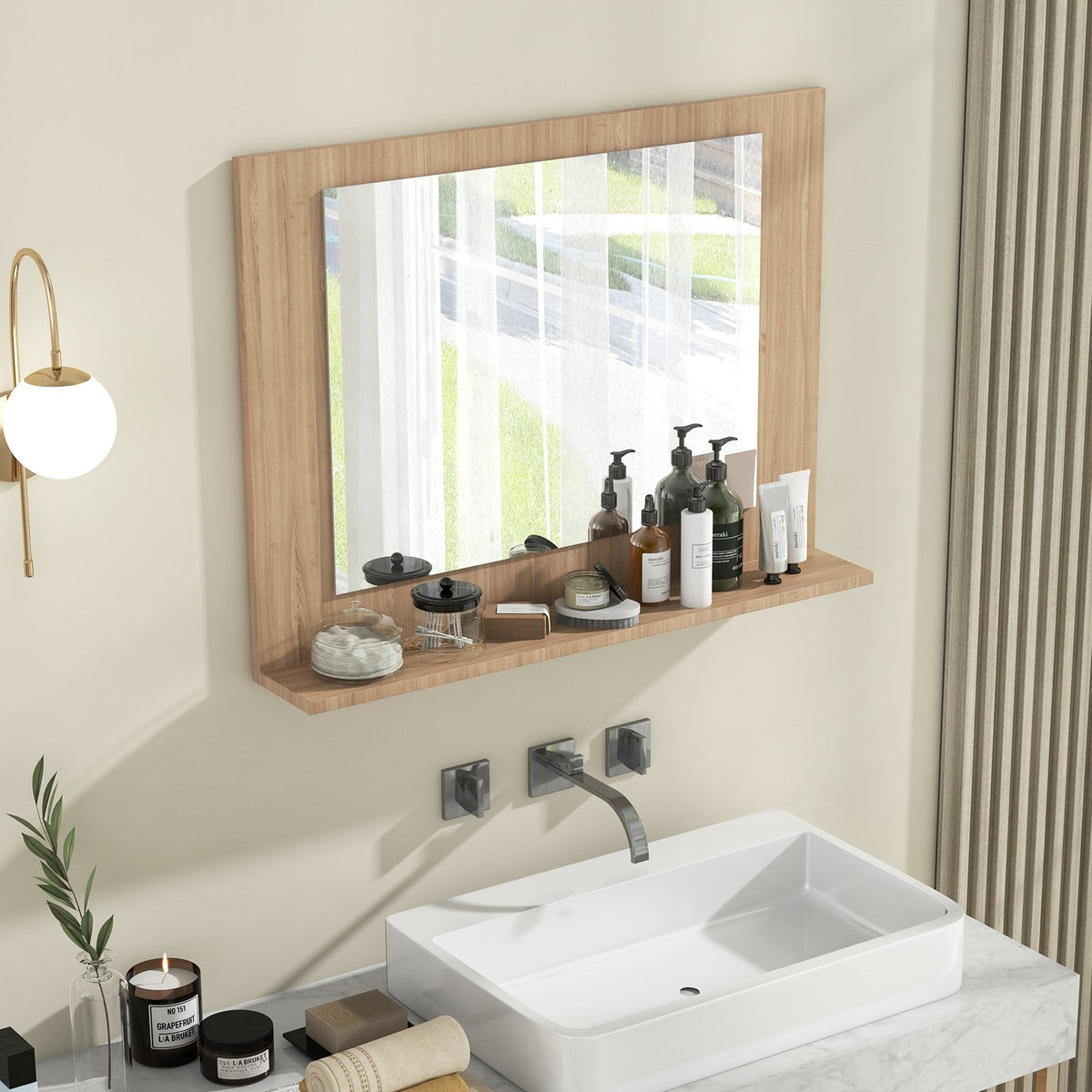 Rectangle Bathroom Mirror with Shelf 23.5 x 17.5 Inch and Wood Frame-Brown view 2