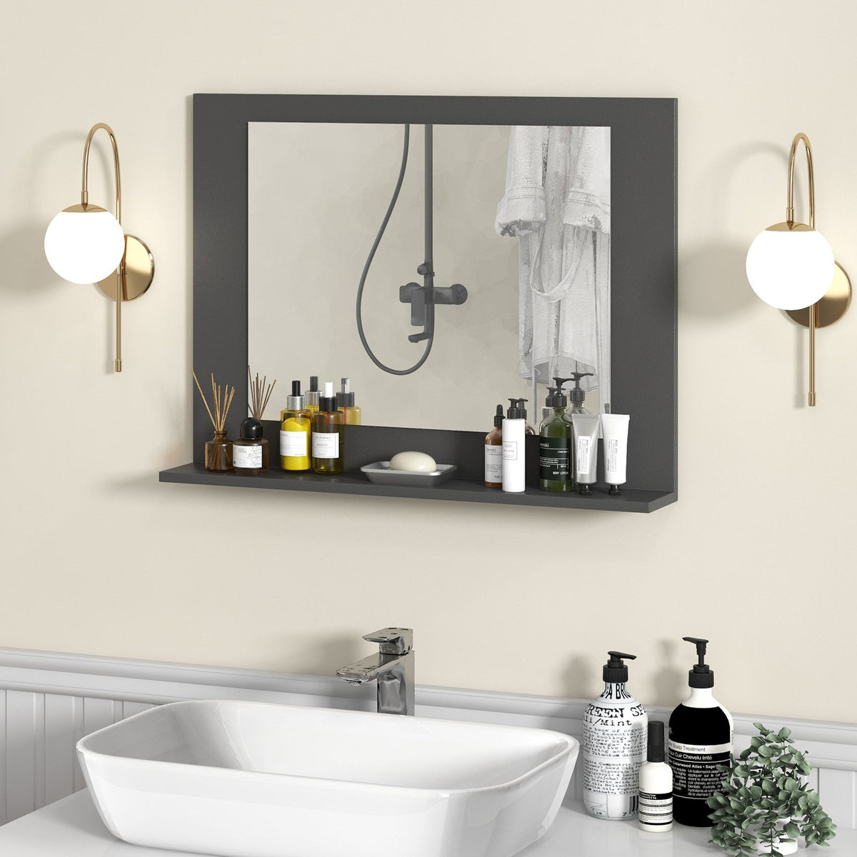 Rectangle Bathroom Mirror with Shelf 23.5 x 17.5 Inch and Wood Frame-Gray view 2