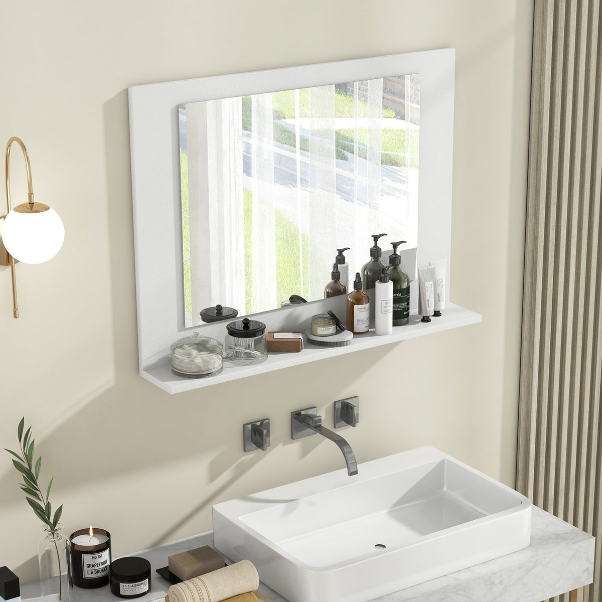 Rectangle Bathroom Mirror with Shelf 23.5 x 17.5 Inch and Wood Frame-White view 2