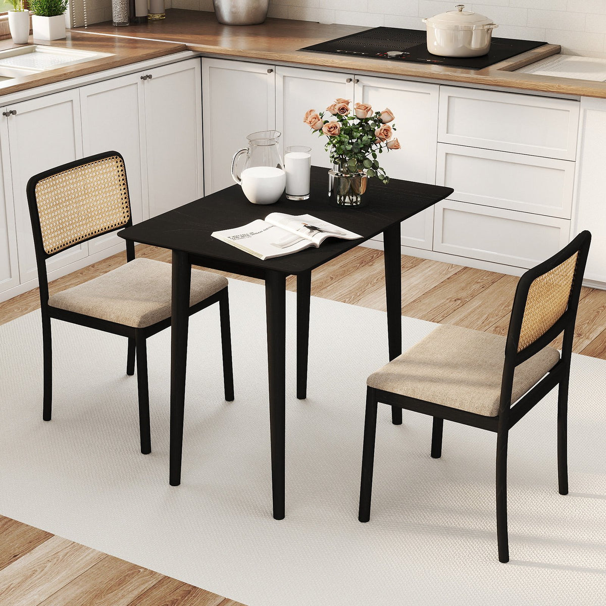 Rectangular Wooden Dining Table for 2-4 34 Inch Farmhouse Solid Wood Kitchen Table-Black view 2
