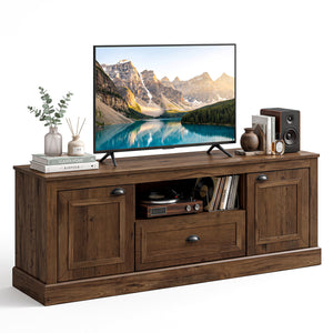 Retro Farmhouse TV Stand for 70 inches TVs with 2 Doors & Removable Shelves-Brown