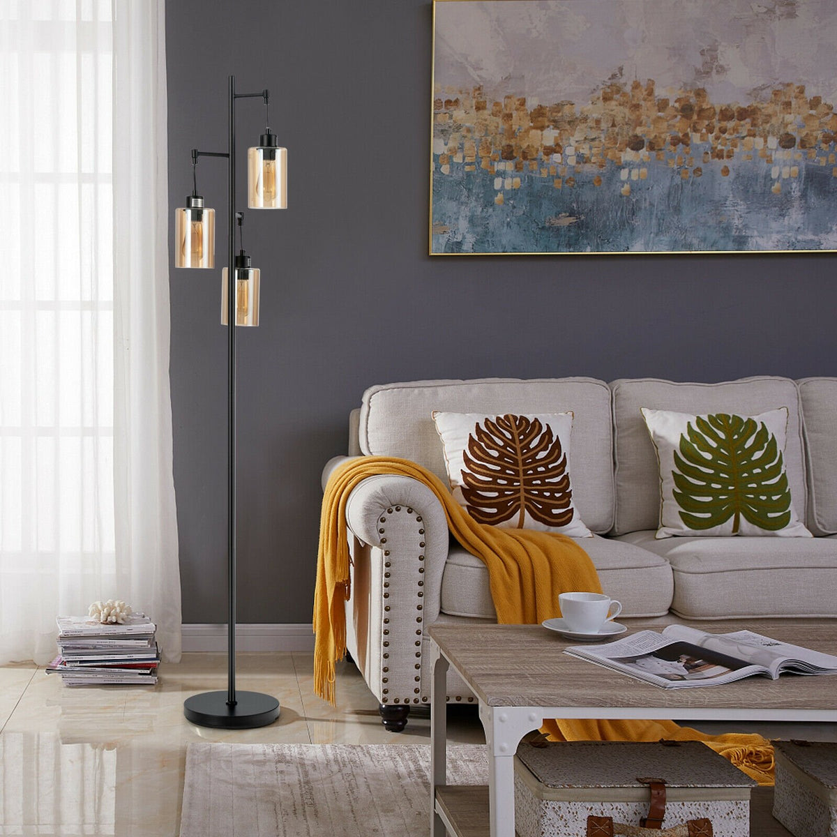 Retro Floor Lamp with 3-Head Hanging Amber Glass Shade view 2