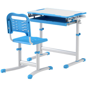 Qaba Height Adjustable Study Table and Chair Set with Drawer, Pen Slot, Tiltable Desktop, Hook