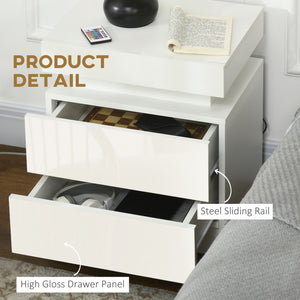 Nightstand, Bedside Table with LED Lights and 2 Drawers for Bedroom, Living Room, White