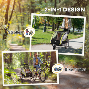 Aosom 2 Seat Bike Trailer for Kids 2-in-1 Double Baby Stroller with Handbrake, Rubber Wheels, 5 Point Harness, Waterproof Cover, Storage Bag, Reflectors