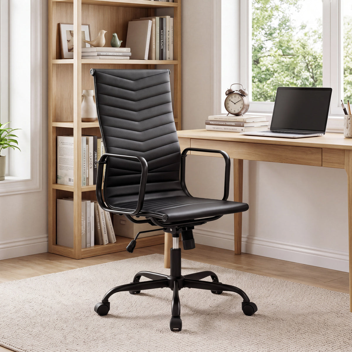 Ribbed Office Chair High Back PU Leather for Home Office with Adjustable Height-Black view 2