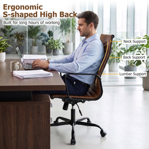 Ribbed Office Chair High Back PU Leather for Home Office with Adjustable Height-Brown view 6