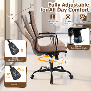 Ribbed Office Chair High Back PU Leather for Home Office with Adjustable Height-Brown view 7