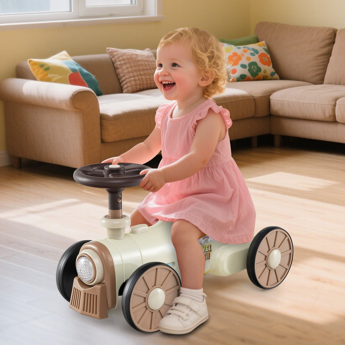 Ride on Toy with Steering Wheel and Train Whistle Sound Button-Beige view 2