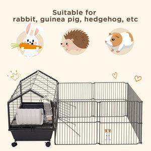 Guinea Pig Cage with Foldable Detachable Playpen, Rolling Rabbit Chinchilla Hedgehog Bunny Cage Small Animal Habitat with Water Bottle, Hay Feeder, 34.5" x 50.5" x 22"