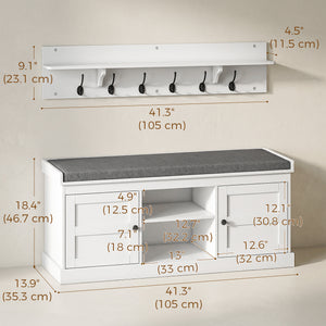 2 in 1 Coat Rack Shoe Bench Set with 6 Hooks and Shoe Storage Bench, White and Grey