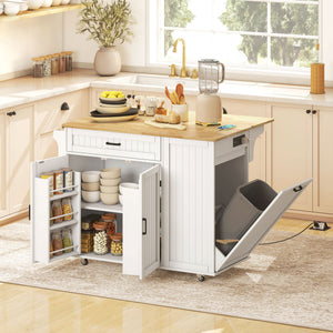 Kitchen Island Cart, Portable Kitchen Island Table with Charging Station, Rubber Wood Drop Leaf – view 14