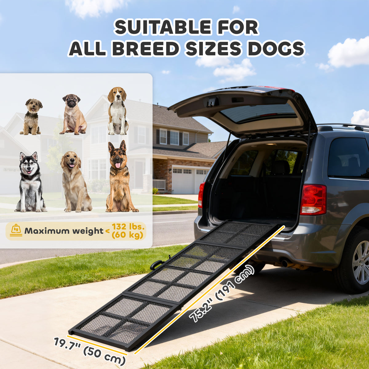 75" Folding & Portable Dog Car Ramp for Large Dogs, Extra Long & Wide, for Car, SUV, Truck, RV, High Bed