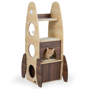 Rocket Cat Tree 47 Inch Large Wooden Cat Tower for Indoor Cats-Natural