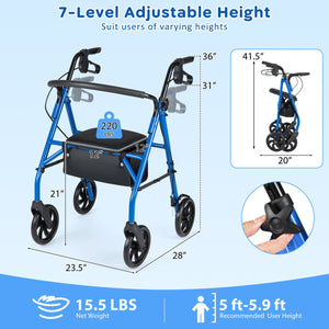 Rollator Walker with Seat and Height Adjustable Handles-Blue view 5