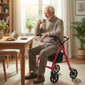 Rollator Walker with Seat and Height Adjustable Handles-Red view 3