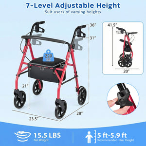 Rollator Walker with Seat and Height Adjustable Handles-Red view 5