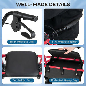 Rollator Walker with Seat and Height Adjustable Handles-Red view 6