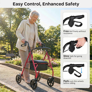 Rollator Walker with Seat and Height Adjustable Handles-Red view 7