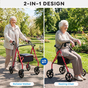 Rollator Walker with Seat and Height Adjustable Handles-Red view 8