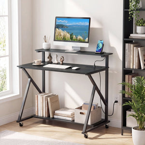 Rolling Computer Desk with Charging Station and Monitor Shelf Storage for Home Office-Black view 2