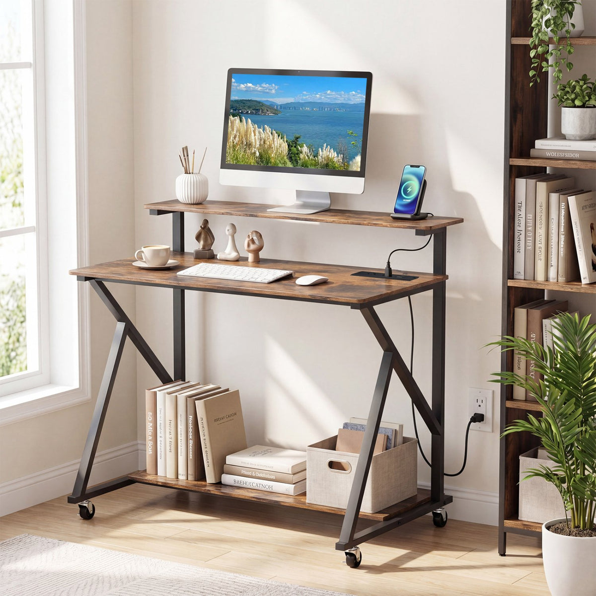 Rolling Computer Desk with Charging Station and Monitor Shelf Storage for Home Office-Rustic Brown view 2
