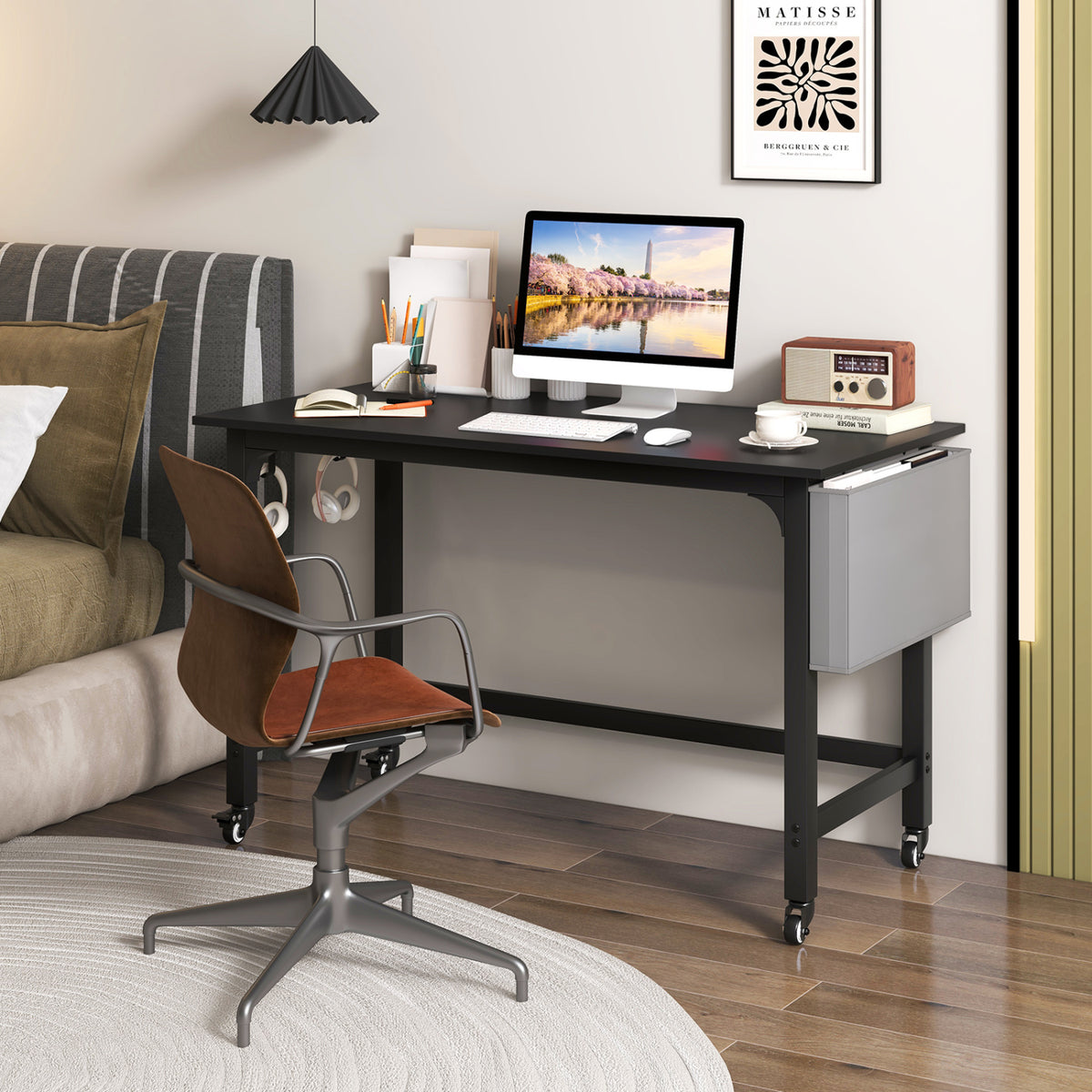 Rolling Computer Desk with Headphone Hooks and Lockable Wheels for Home Office-Black view 2