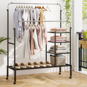 Rolling Double Rods Garment Rack with Height Adjustable Hanging Bars-Silver view 3