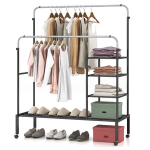 Rolling Double Rods Garment Rack with Height Adjustable Hanging Bars-Silver view 4