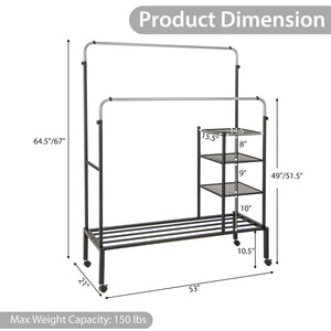 Rolling Double Rods Garment Rack with Height Adjustable Hanging Bars-Silver view 5