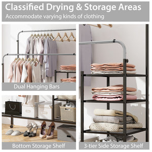 Rolling Double Rods Garment Rack with Height Adjustable Hanging Bars-Silver view 7