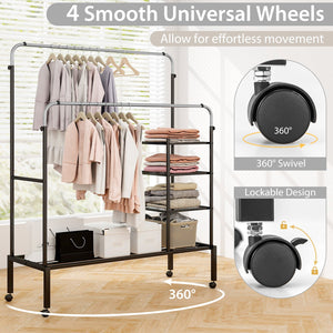 Rolling Double Rods Garment Rack with Height Adjustable Hanging Bars-Silver view 8