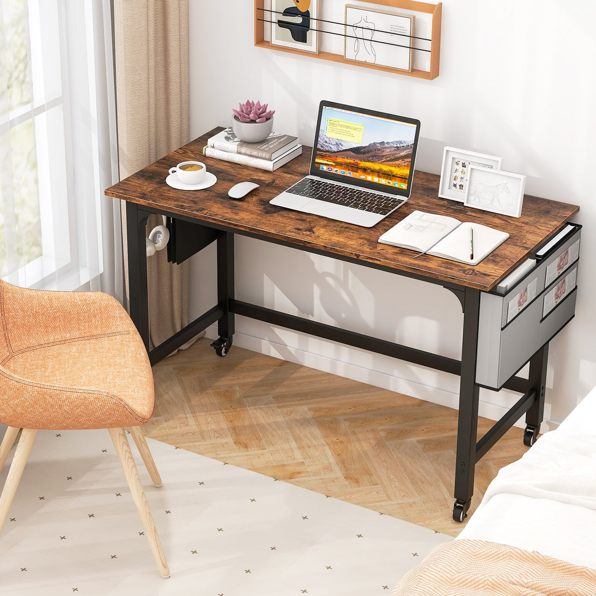 Rolling Home Office Computer Desk with Detachable Fabric Bag-Rustic Brown view 2
