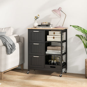 Rolling Kitchen Island Utility Storage Cart with 3 Large Drawers-Black view 2