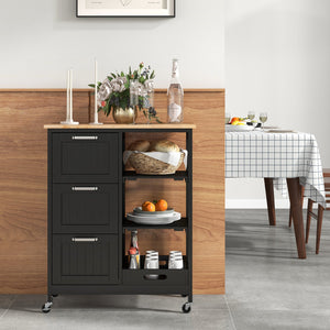 Rolling Kitchen Island Utility Storage Cart with 3 Large Drawers-Black view 3