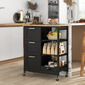 Rolling Kitchen Island Utility Storage Cart with 3 Large Drawers-Black view 6