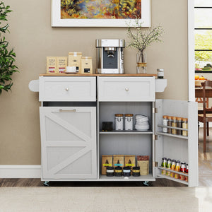 Rolling Kitchen Island with Trash Can Cabinet and Rubber Universal Wheels-Grey view 2