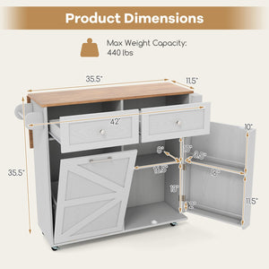 Rolling Kitchen Island with Trash Can Cabinet and Rubber Universal Wheels-Grey view 5