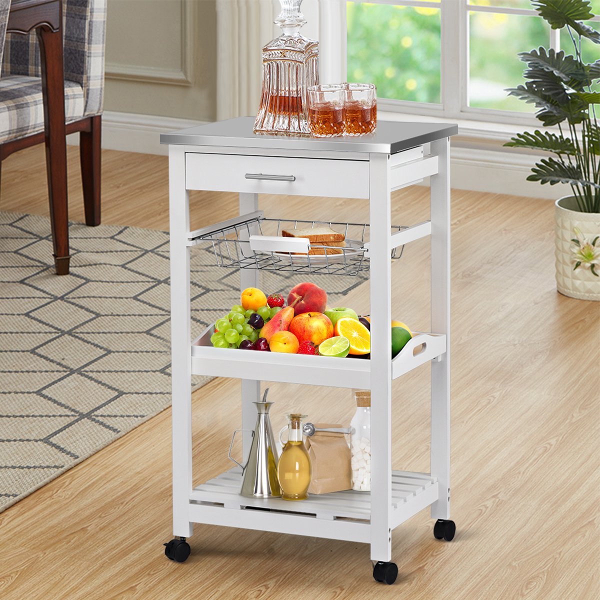 Kitchen Island Cart with Stainless Steel Tabletop and Basket-White view 2