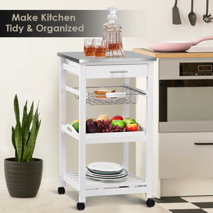 Kitchen Island Cart with Stainless Steel Tabletop and Basket-White view 3