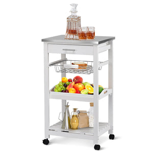 Kitchen Island Cart with Stainless Steel Tabletop and Basket-White view 4