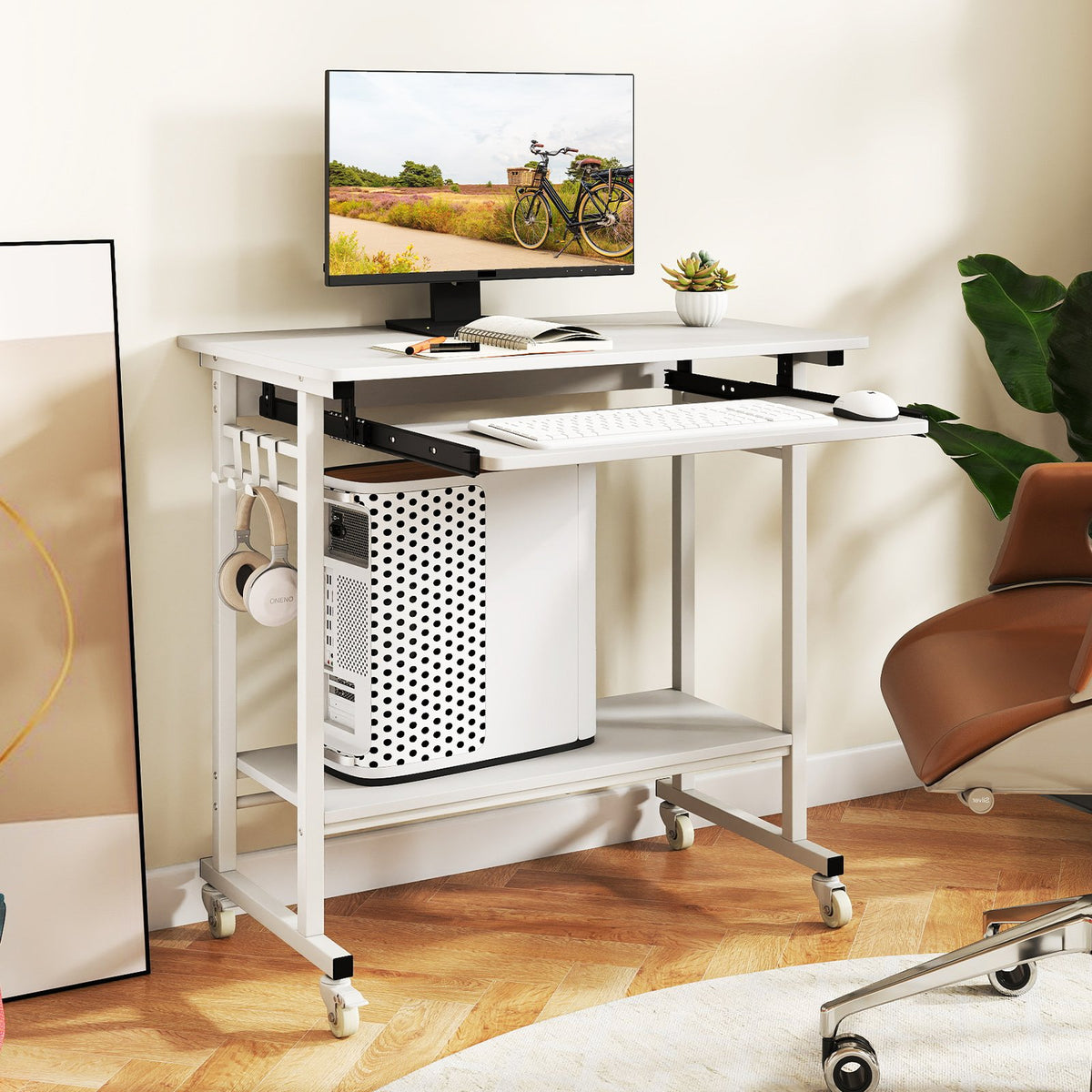 Rolling Laptop Table with Pull-out Keyboard Tray and Hooks-White view 2