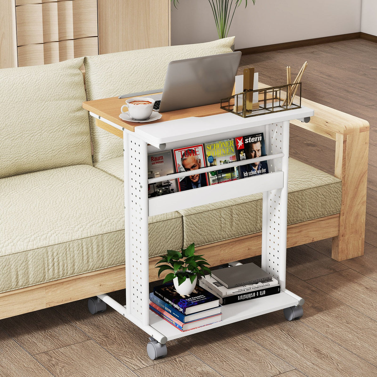 Rolling Portable Desk Laptop Desk with Tilting Tabletop Hidden Compartment-Natural view 2